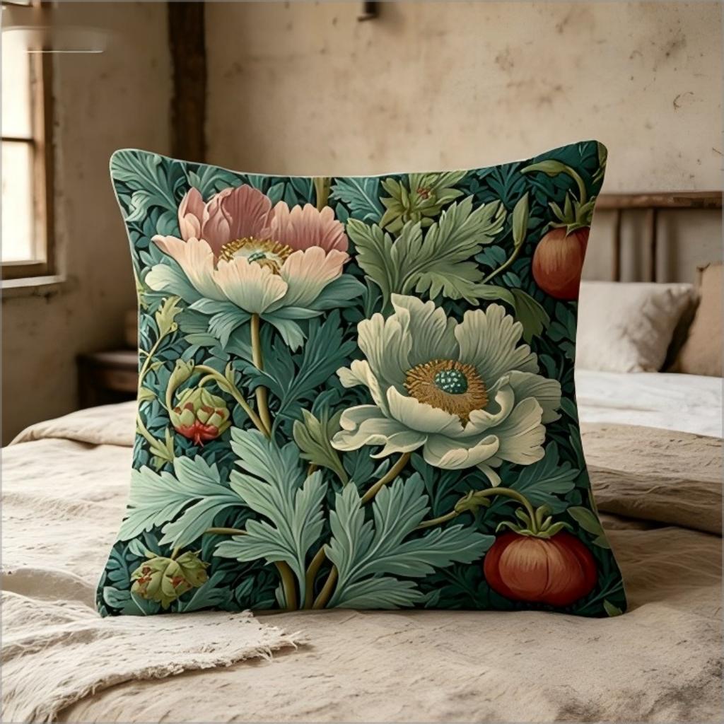 William Morris Inspired Floral Print Throw Pillow Cover, Vintage Botanical Peony Decorative Cushion