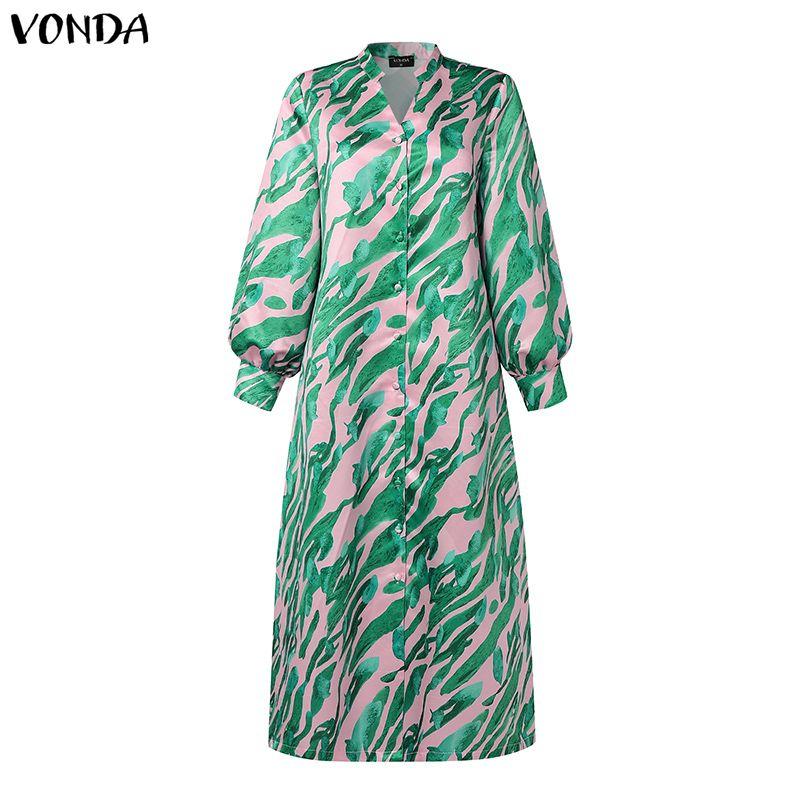 VONDA Oversized Women Casual V Neck Long Sleeve Floral Print Belt Smooth Loose Dress