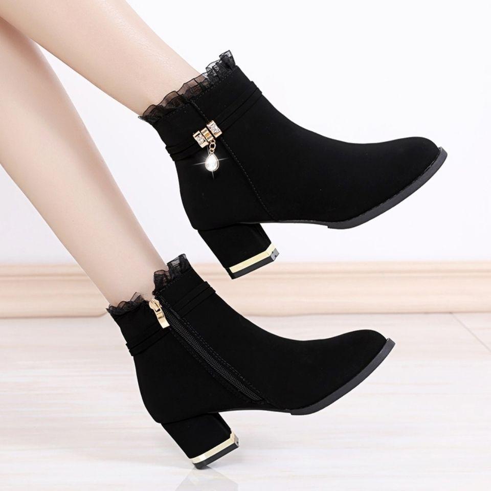 Thickened short boots women's thick heel 2025 autumn and winter warm Internet celebrity women's shoes non-slip versatile high heels velvet women