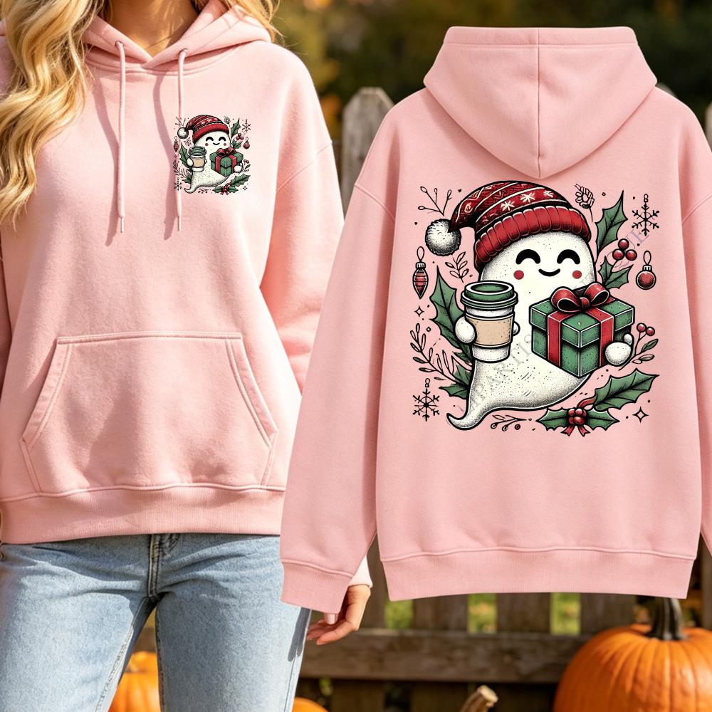 Cute Ghost Coffee Christmas Sweatshirt Santa Hat Gift Graphic Pullover Spooky Xmas Casual Loose Tops Men Hoodies Women