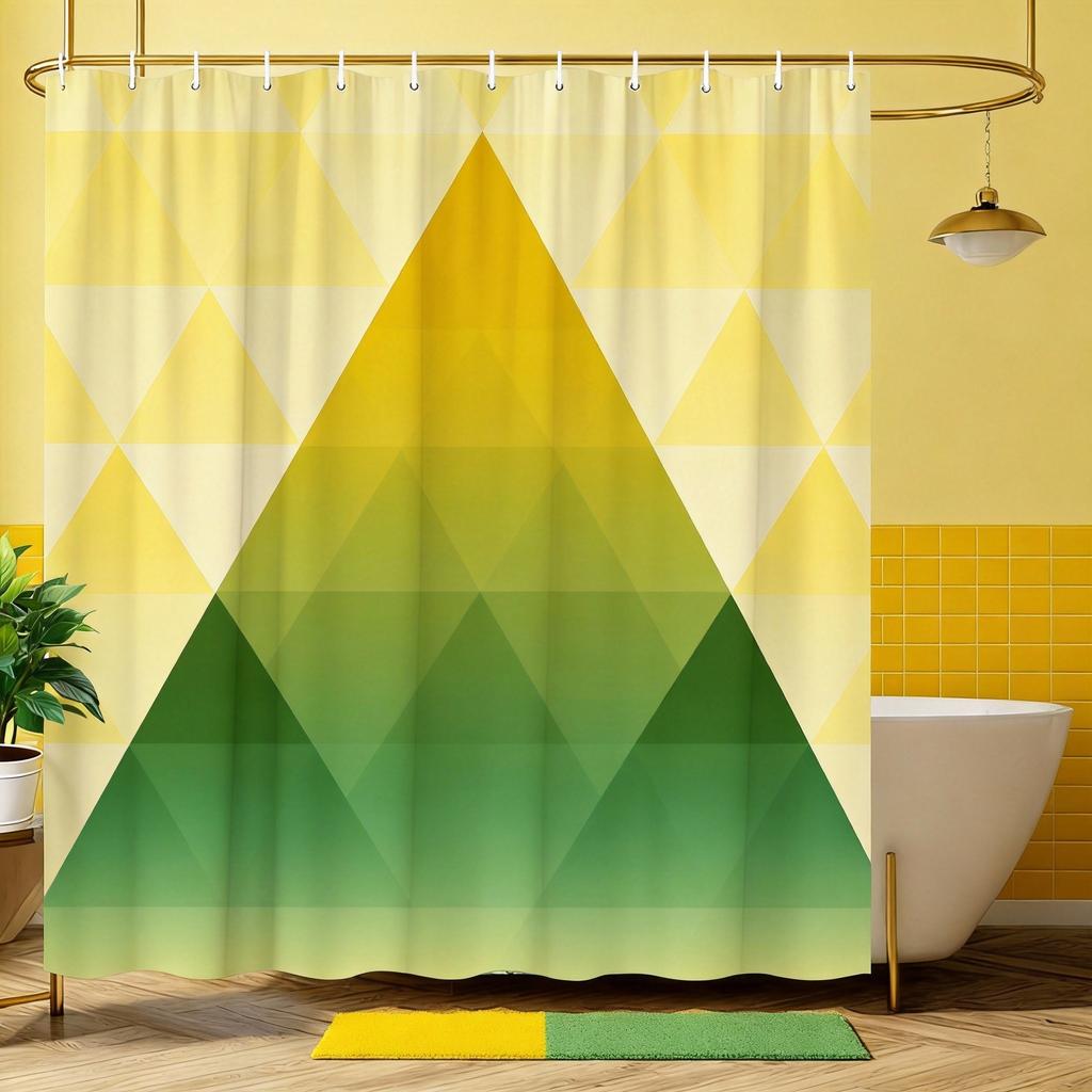 Retro Geometric Shower Curtain Layered Green & Brown Shapes, Mid-Century Modern Bath Curtain for Vintage and Boho Bathroom Decor