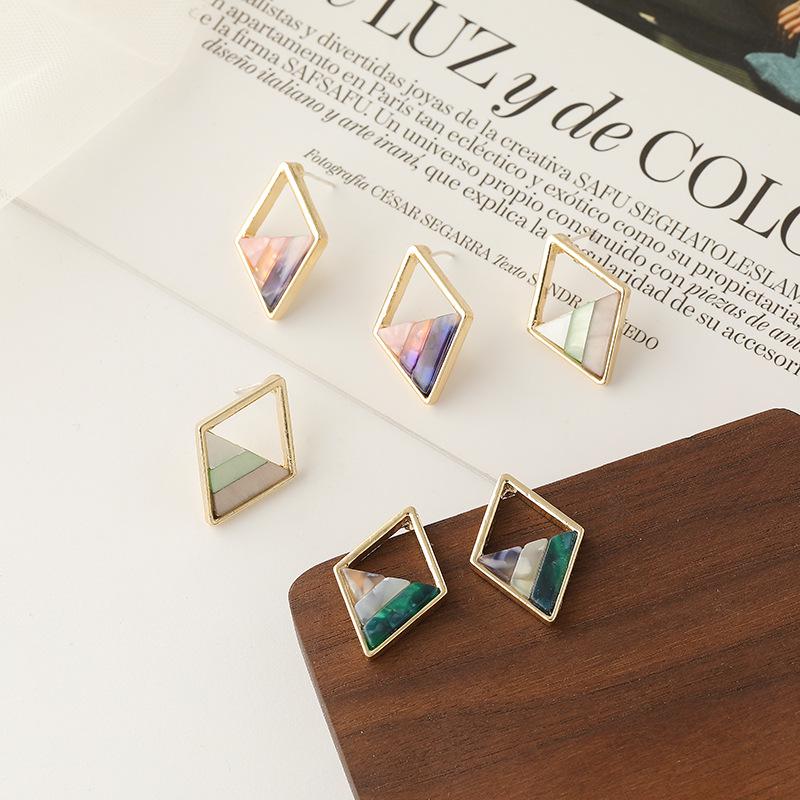 

925 Silver Geometric Rhombus Stud Earrings - Women s Versatile Hollow Design