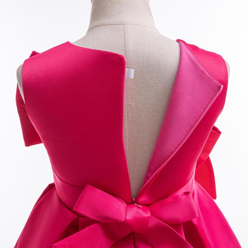 Girls' Bow Princess Evening Dress - Solid Color Fashionable Children's Clothing