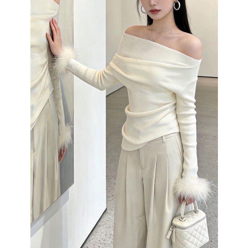 

2026 Elegant One-Shoulder Long Sleeve Wide-Leg Pants Two-Piece Set for Women - Spring Collection Large