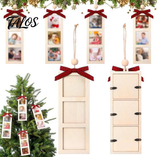 Xmas Hanging Decoration for Home Christmas Wooden Photo Frame Ornament, DIY Picture Holder with Craft Ornament Party Ribbon Bow, Holiday Tree