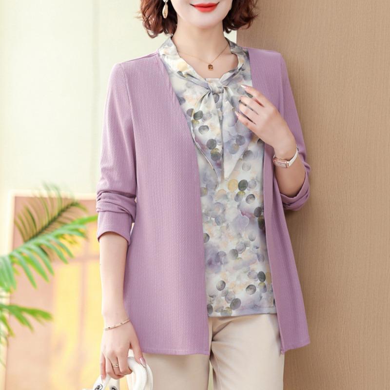 

Средней длины модная рубашка для мамы, для женщин среднего и пожилого возраста, с эффектом двойки, тонкий вязаный свитер, женский топ, новинка начала осени 5XL (recommended 150-82.5kg) фиолетовый