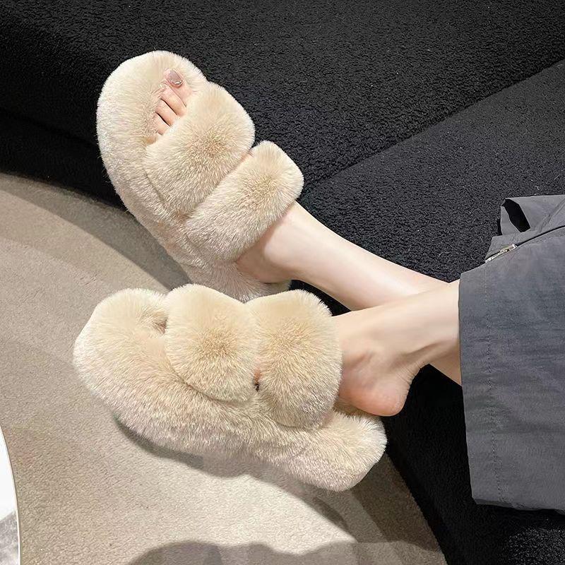 Women's Fluffy Slippers - Autumn/Winter 2024 Fashion, Thick Sole, Single/Double Strap, Cozy Cotton, Trendy Outdoor Wear