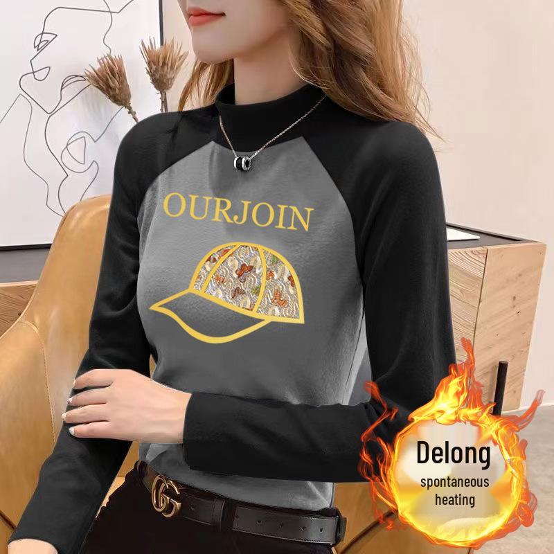 

German Velvet Half High Neck Raglan Color Block Slim Fit Long Sleeve Women s T-Shirt XL (115-130 jin)