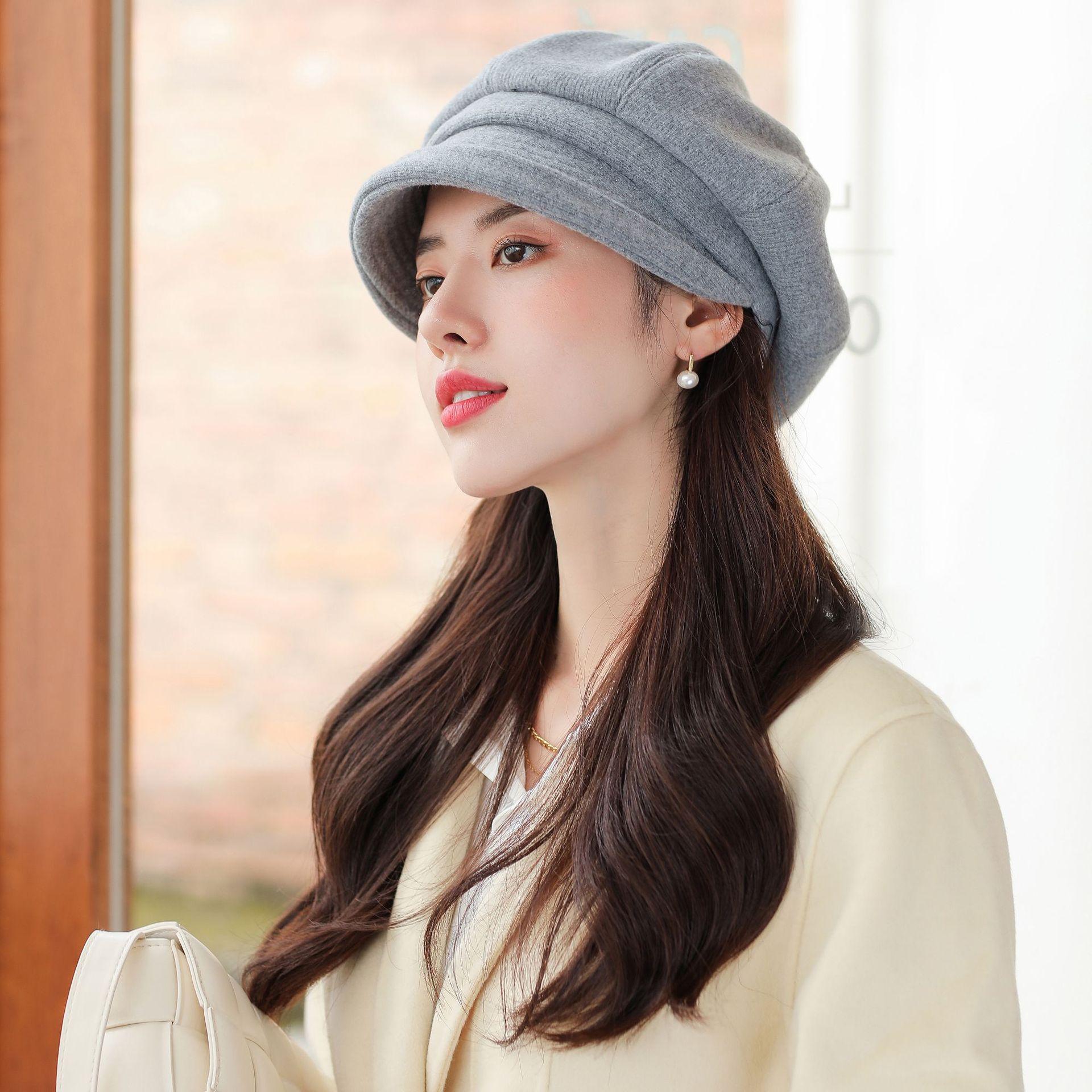 

Women s Beret Hat Trendy Japanese Style Furry Octagon Chic Thick Warm Rolled Brim Solid Color Autumn Winter Daily Casual M серый