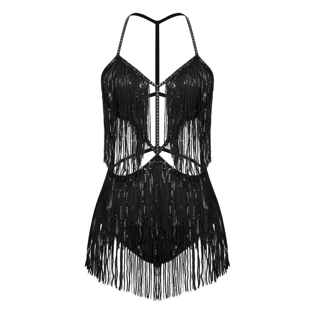 Damen Bauchtanz Bodysuit mit Fransen Pailletten Quasten Ausgeschnitten Rückenfrei Glänzend Jumpsuit