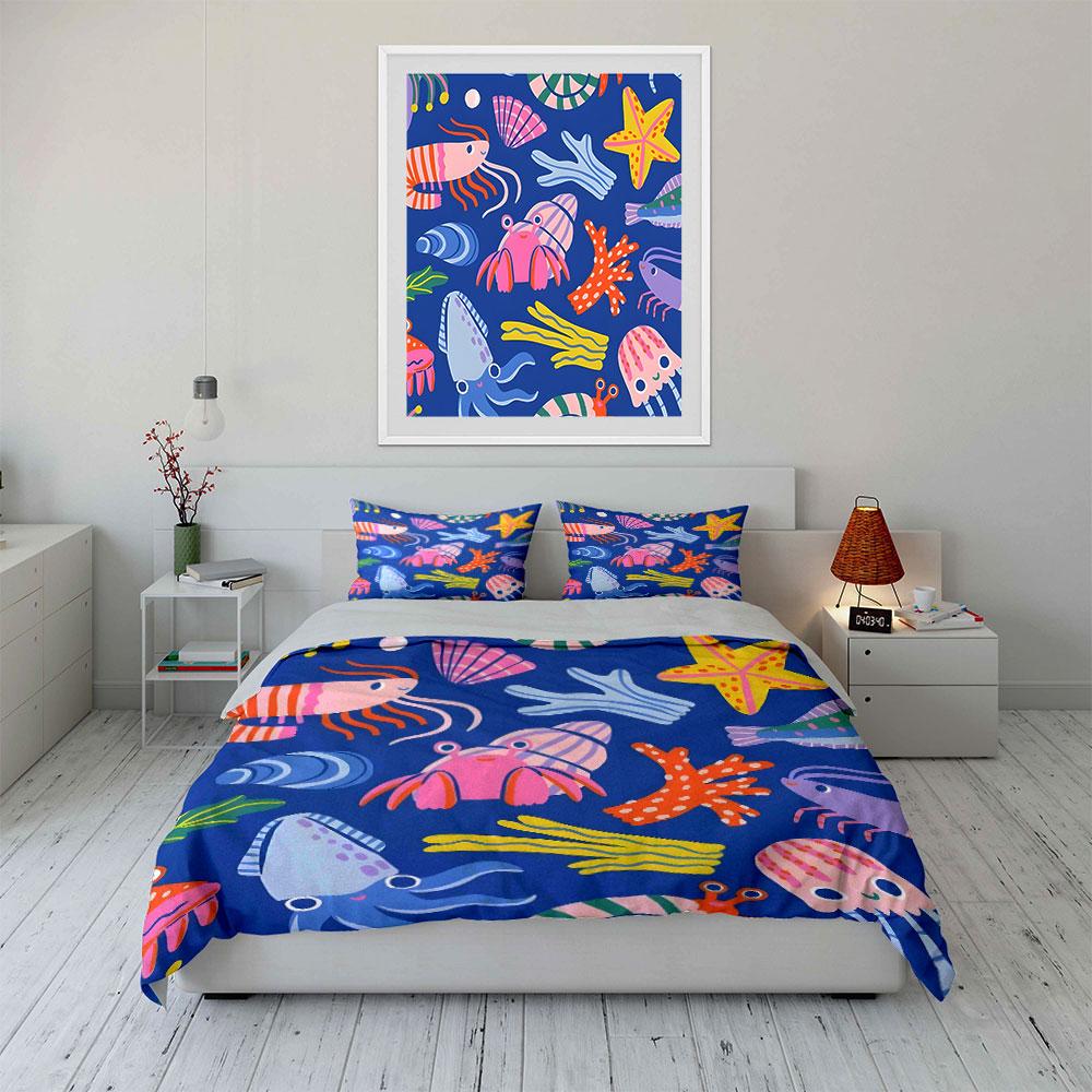 Sea Life Pattern Three-Piece Decor Multiple Sizes Kid'S And Adults' Bedroom Exquisite 3Pc Bedding Set, Gift