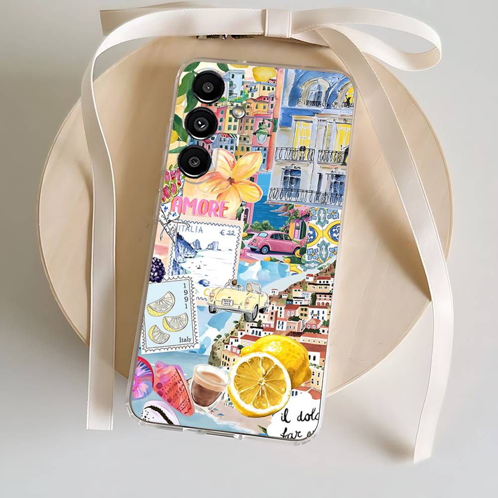 

Seaside Scenery Wine Lemon Phone Case For Samsung S24,30,21,22,23,20 FE,lite,PIus,Ultra,5G,Note,9,10 Transparent Cover SamsungS23plus5G
