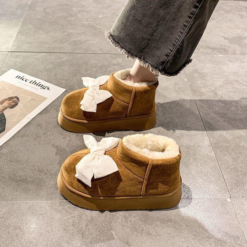 Thick-soled Bow Cotton Boots Women's Velvet Warm Home Indoor Non-slip Snow Boots Can Be Worn Outside In Winter