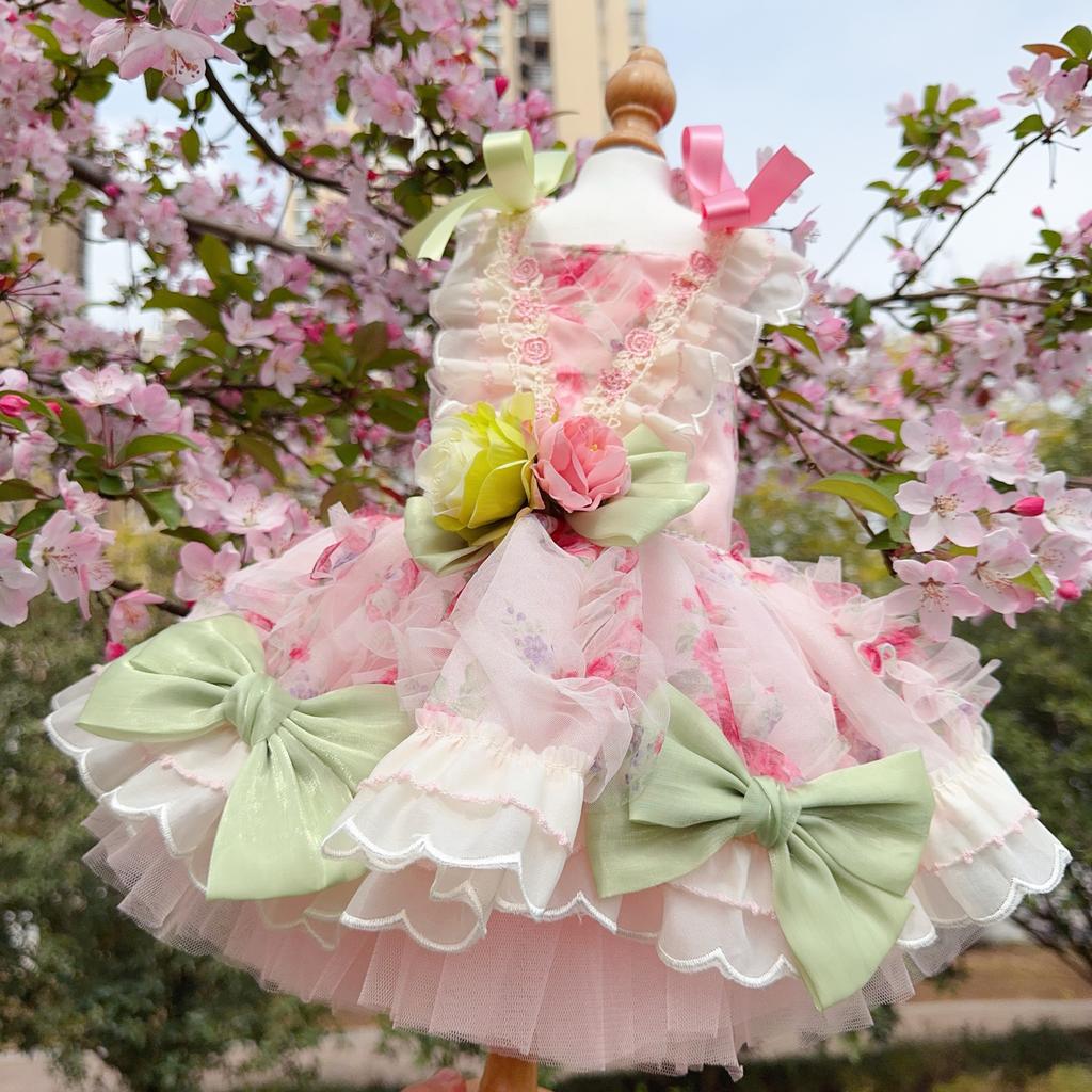 2026 Pet Dog Clothes Luxury Pure Handmade Fashion High-end Pink Roseflower Lace Tail Long Dresses For Small Medium Dog Chihuahua