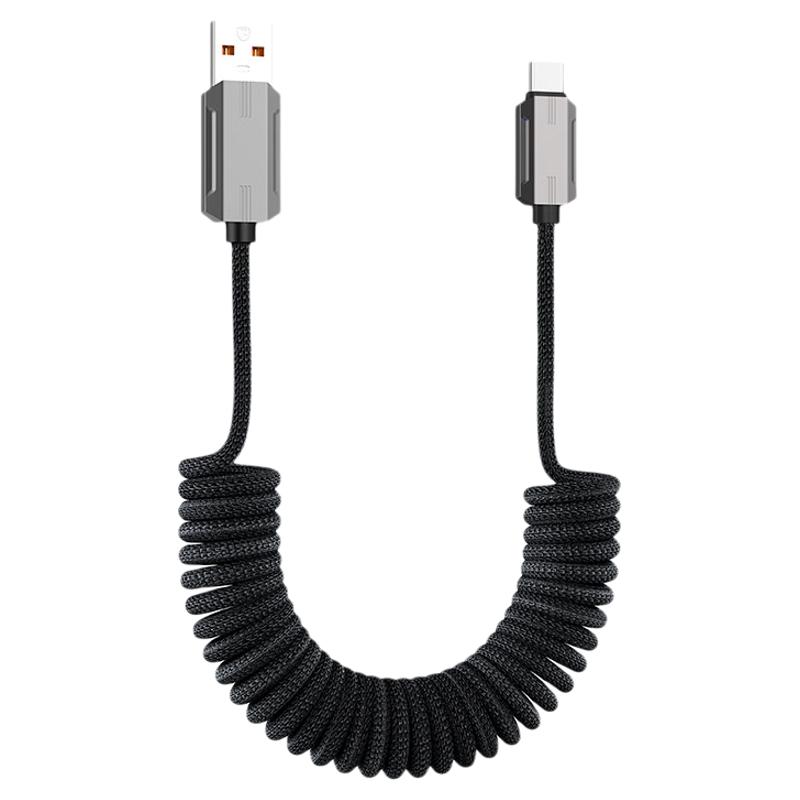 240W 6A Fast Charging Dual Type-C Coiled Cable Magnetic Storage Nylon Braided Elastic Retractable USB-C Cord for Mobile Phones 15m