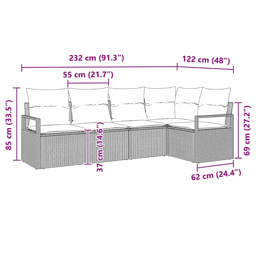 5 Piece Sofa Set with Cushions Light Grey Poly Rattan