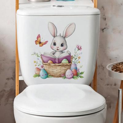Ostern Süßer Hase Toilettenaufkleber Wasserdichte Toilettendeckel-Aufkleber Cartoon-Hase im Weidenkorb Lesen Toilettensitz-Abdeckung Aufkleber für Badezimmer Zuhause
