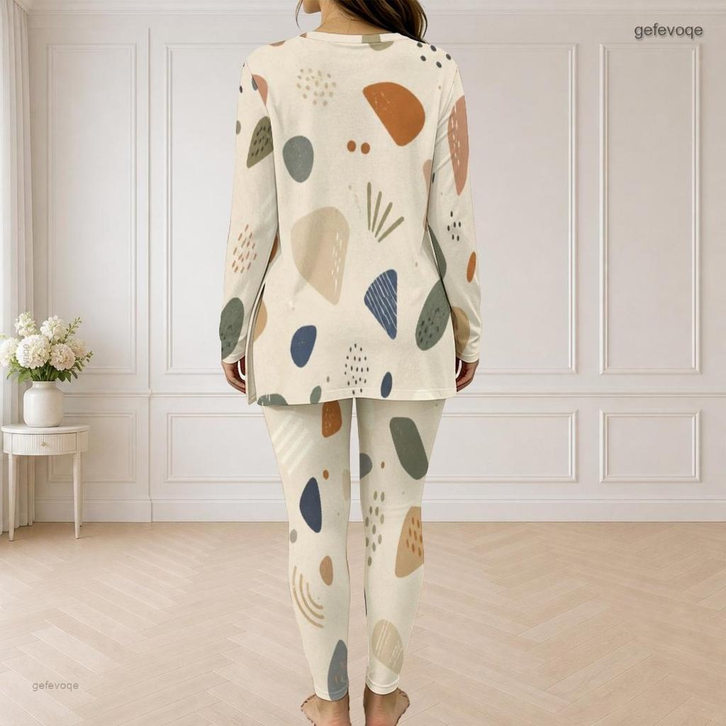 Women Plus Size Beige Brown Printed Half Zip Long Sleeve Longline Top And Fitted Pants Two Piece Set
