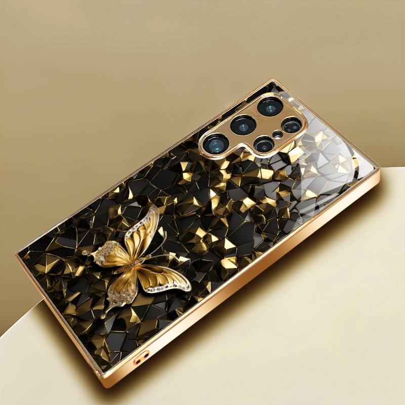 Gold-plated tempered glass phone case  compatible Galaxy S26 S25 S24 S23 S22 Ultra Plus. Elegant black gold design.