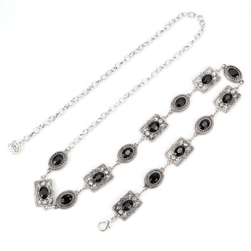 Mary Waist Chain Accessories Dress Gold Silver Metal Oval Carved Chain Rhinestone Belt Women's Multi-hoop Design