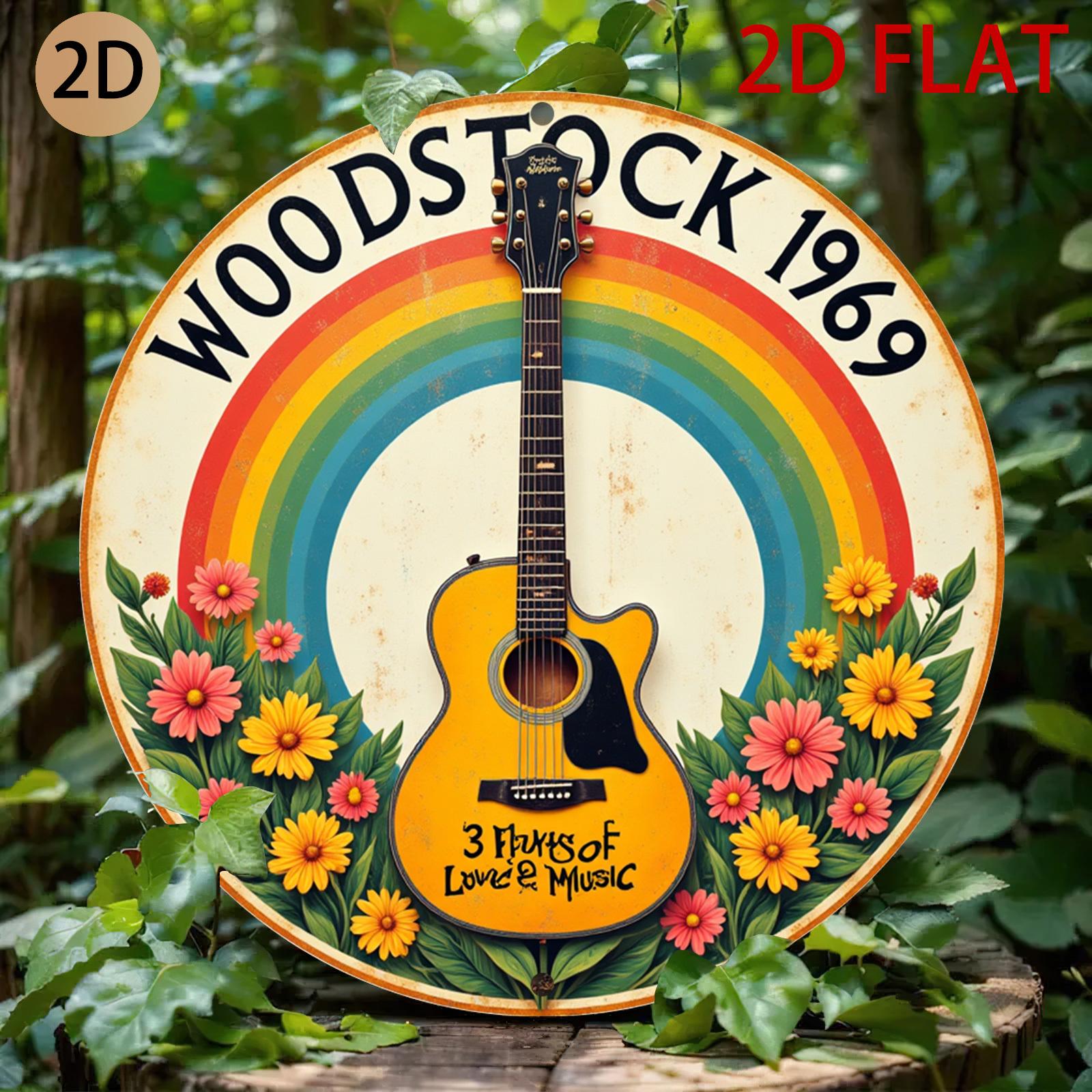Woodstock Retro Metal Sign Guitar Rainbow Psychedelic Wall Decor 20x20cm(8x8inch)