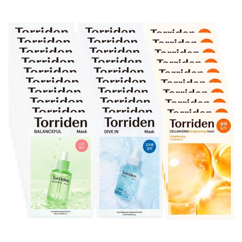 

Torriden Sheet Mask 30 Pack Set (Hyaluronic Acid 10 sheets + Cica 10 sheets + Vita C 10 sheets) Hydrating Soothing Brightening Care