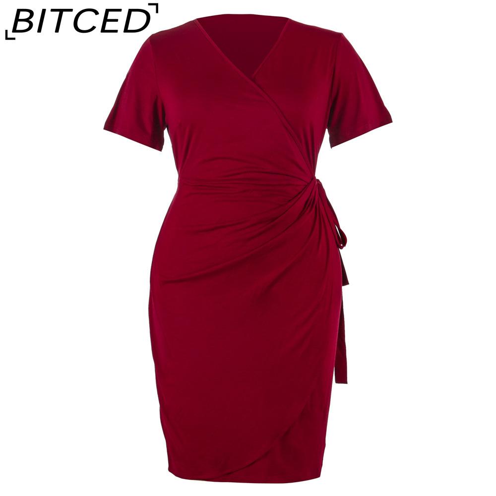 BITCED Plus Size Solid Color Casual Resort Dress Tie-Detail Resort V-Neck Midi Dress