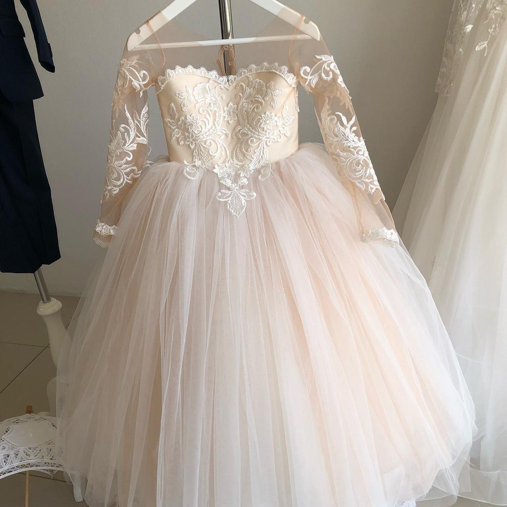 Long Sleeve Flower Girl Dresses Wedding Guest Kids Bridesmaid Bow White Ivory Lace Tulle First