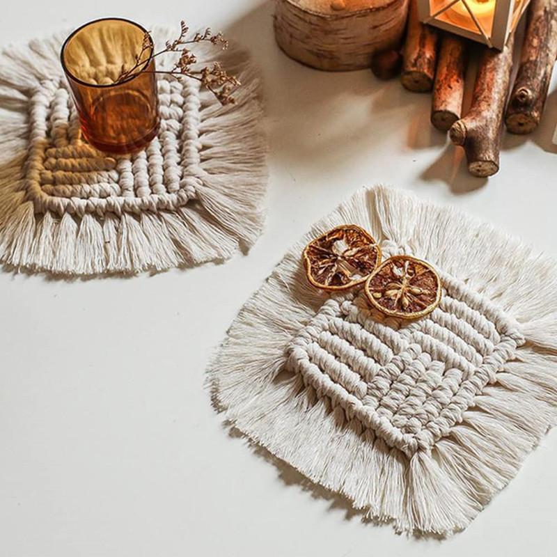 Handwoven Cotton Rope Heat Resistant Square Placemat with Fringe Decorative Table Pad for Hot Cups Plates and Coffee Mugs