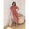 Women's Turn Down Collar Short Sleeve Midi Dress Loose Mid Waist Elegant Solid Polyester Rayon Nylon Shirt Dress With Pocket Drawstring
