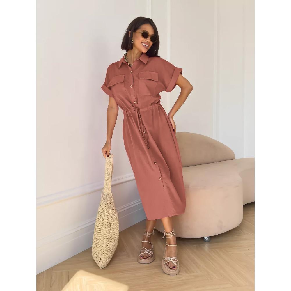 Women's Turn Down Collar Short Sleeve Midi Dress Loose Mid Waist Elegant Solid Polyester Rayon Nylon Shirt Dress With Pocket Drawstring