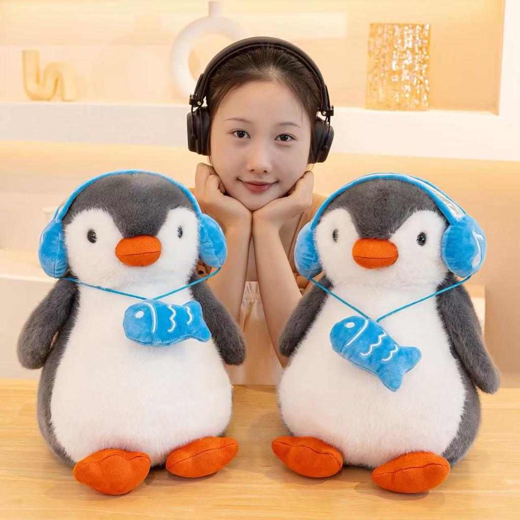 25/35cm New Simulation Penguin Doll with Headphones Plush Toy Cartoon Anime Cute Pillow for Children's Birthday Gift Fun Doll