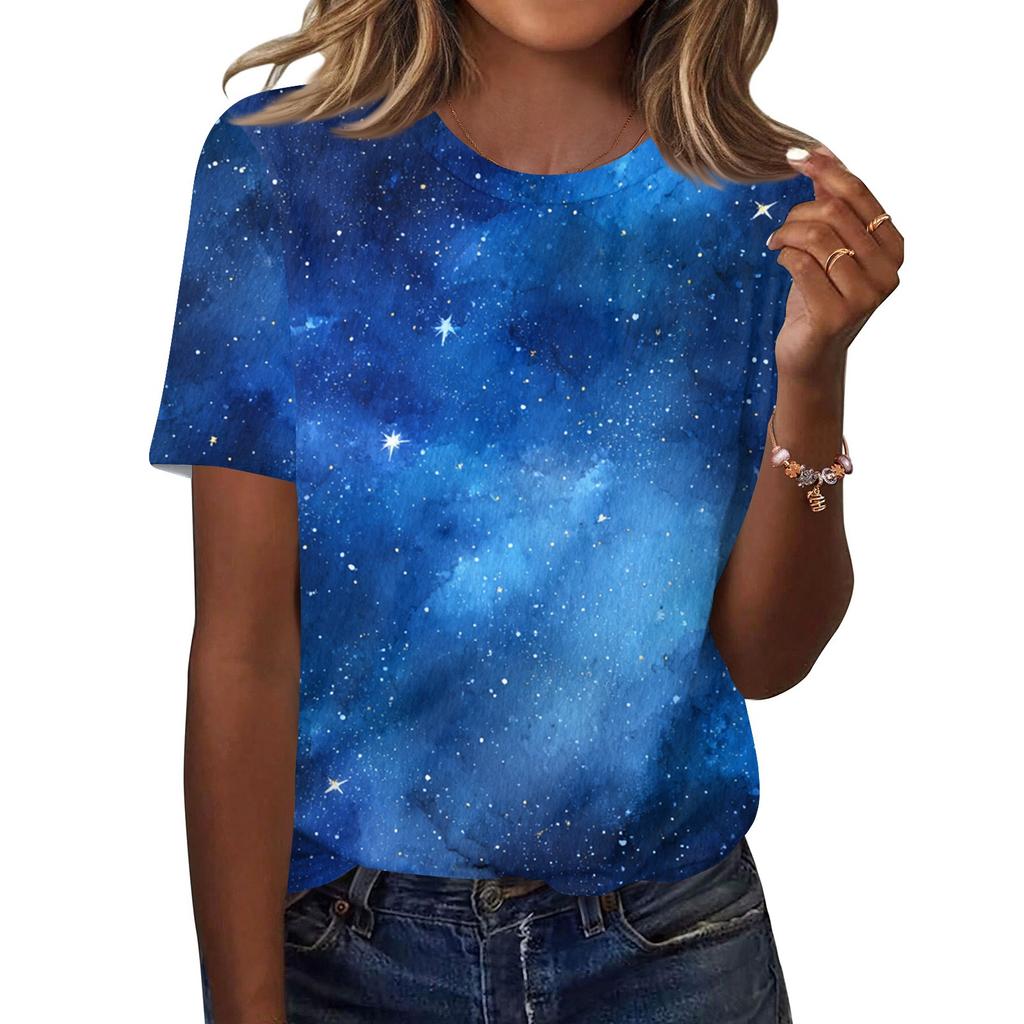 Women's Fashionable Casual Short Sleeve Print Round Neck Pullover Top