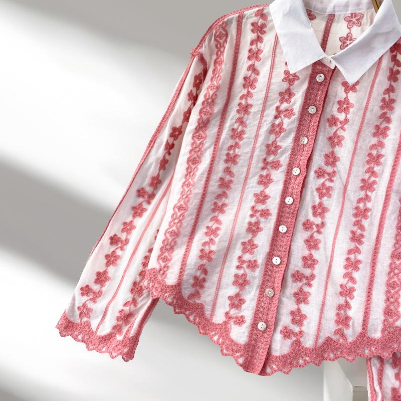 Fashion Elegant Long Sleeved Embroidered Lace Shirt New Lapel Loose and Thin Single-breasted Casual Blouse Female Simple Women's Irregular Top 3504