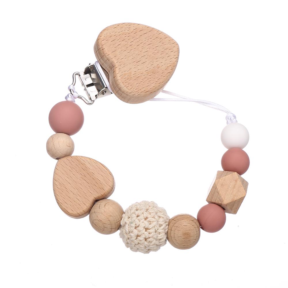 New Beech Wooden Baby Pacifier Chain Clip Heart Beads Silicone Beads Dummy Nipple Holder  for Newborn Teether Pendant Toys Gift