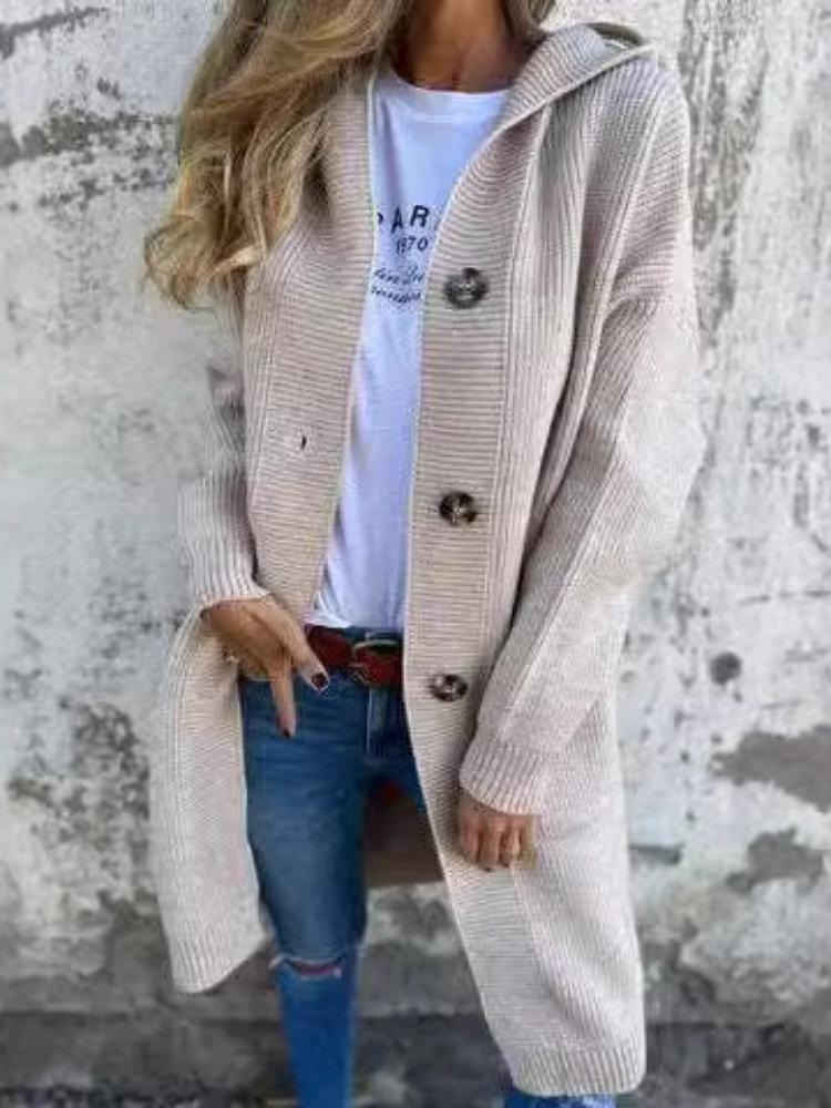 Cardigan lungo in maglia da donna con cappuccio, chiusura a bottoni, design a righe, multicolore