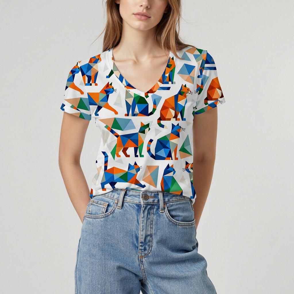 New Summer Women's Pullover Short-sleeved T-shirt V-neck Cat Pattern Top Soft Texture Comfortable Breathable Personality