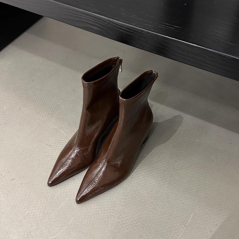 Fashion Brown Pointed Toe Wedge Heel Booties Back Zipper Skinny Boots Skinny Autumn Winter Shorts