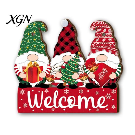 Warm Atmosphere Wall Art Decor Christmas Wooden Pendant, Decorative Reindeer/Santa Claus/Gnome Pattern Hanging Sign, Welcome Sign with Weather