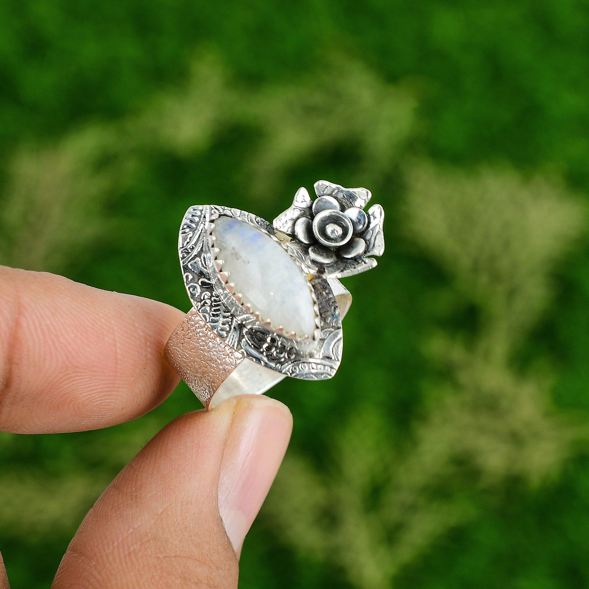 

Natural Rainbow Moonstone 925 Silver Statement Flower Ring Size 9.25 For Women 9.25