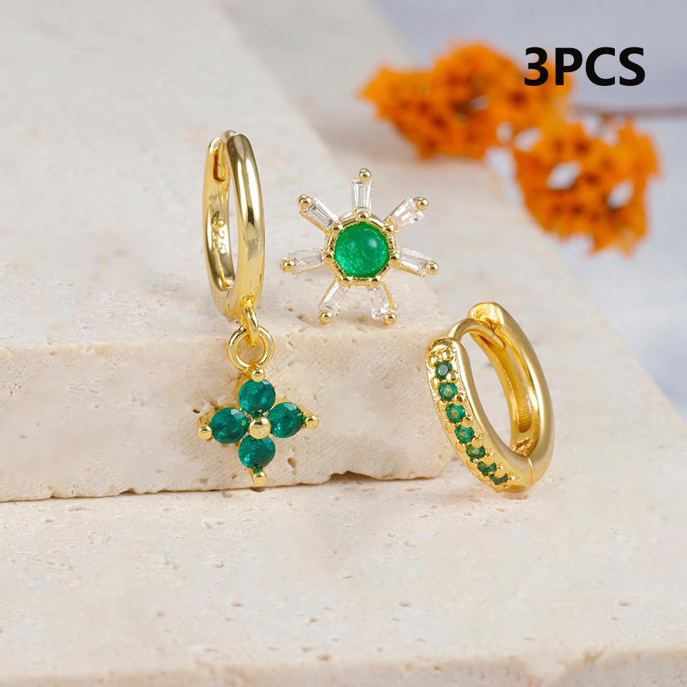 3PCS Green Zircon Flower Hoop Earrings Women Tiny Stainless Steel Round Circle Cartilage Piercing Earring Fashion Jewelry Sets