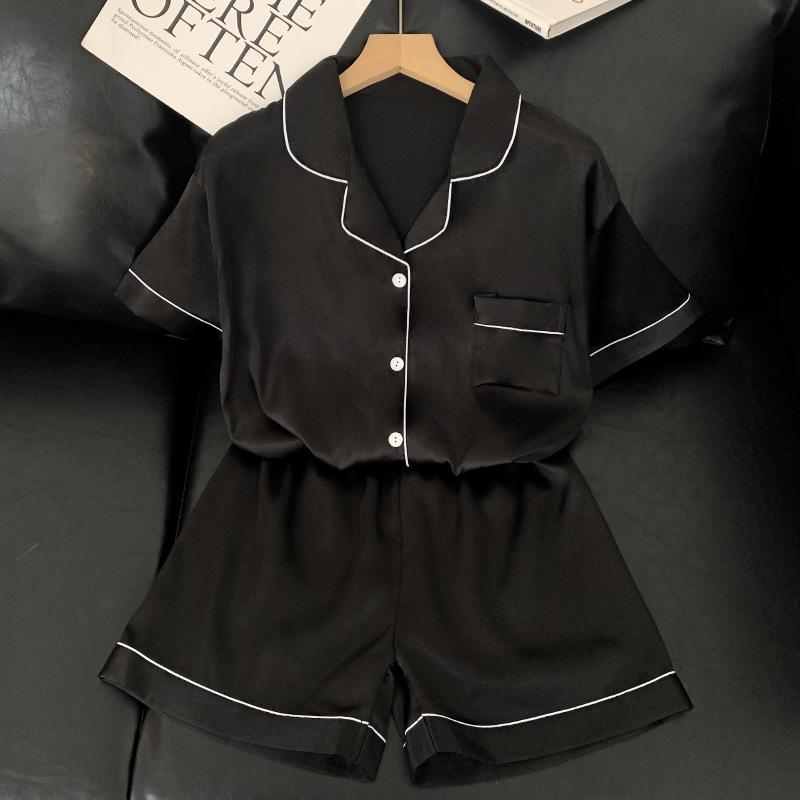 Black High-End Temperament Pajamas Women'S Summer Ice Silk Short-Sleeved Loungewear Set