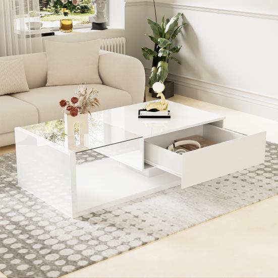 Couchtisch Hochglanz Glas Mitteltisch mit Schublade Öffnungsregal Einfache Montage Rechteckform LED Teetisch Zuhause
