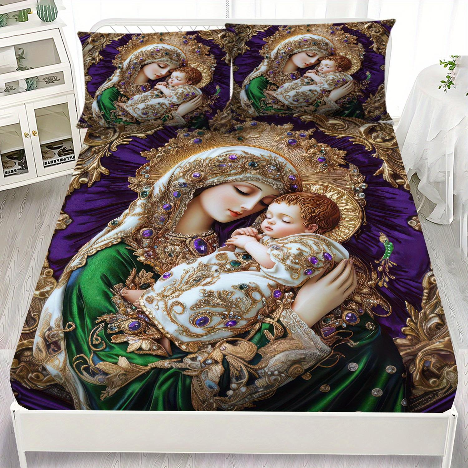 

Latacaca 3pcs Merry Christmas Green Purple Ornate Winter Fitted Sheet Set 1 Fitted Sheet and 2 Pillowcases Bedding Set EU Twin(135x200cm)