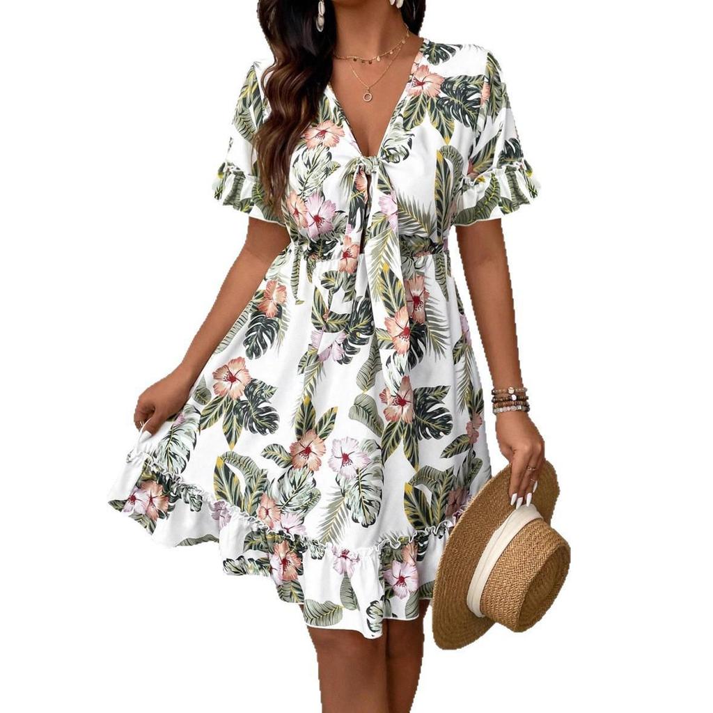 2025 European & American V-neck Floral Print Knee-length Summer Dress