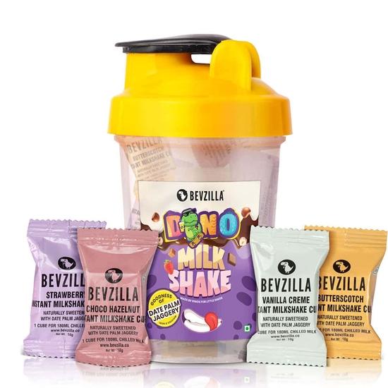 Bevzilla Instant Milkshake Cubes & Bottle Pack | Strawberry, Butterscotch, Choco Hazelnut & Vanilla Creme | BPA Free Shaker 500 Ml Leak Proof
