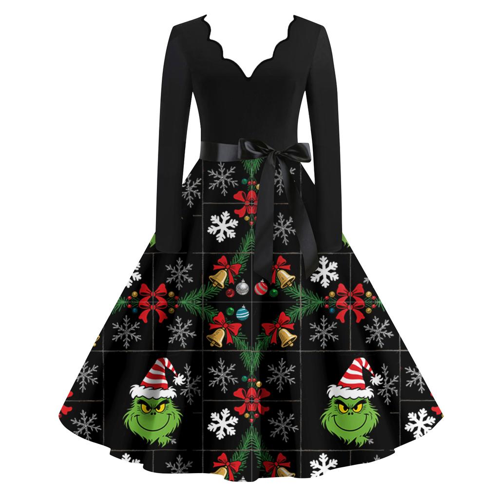 Ladies' Fashionable Retro Long Sleeved Square Neck Christmas Printed Evening Dress Dress