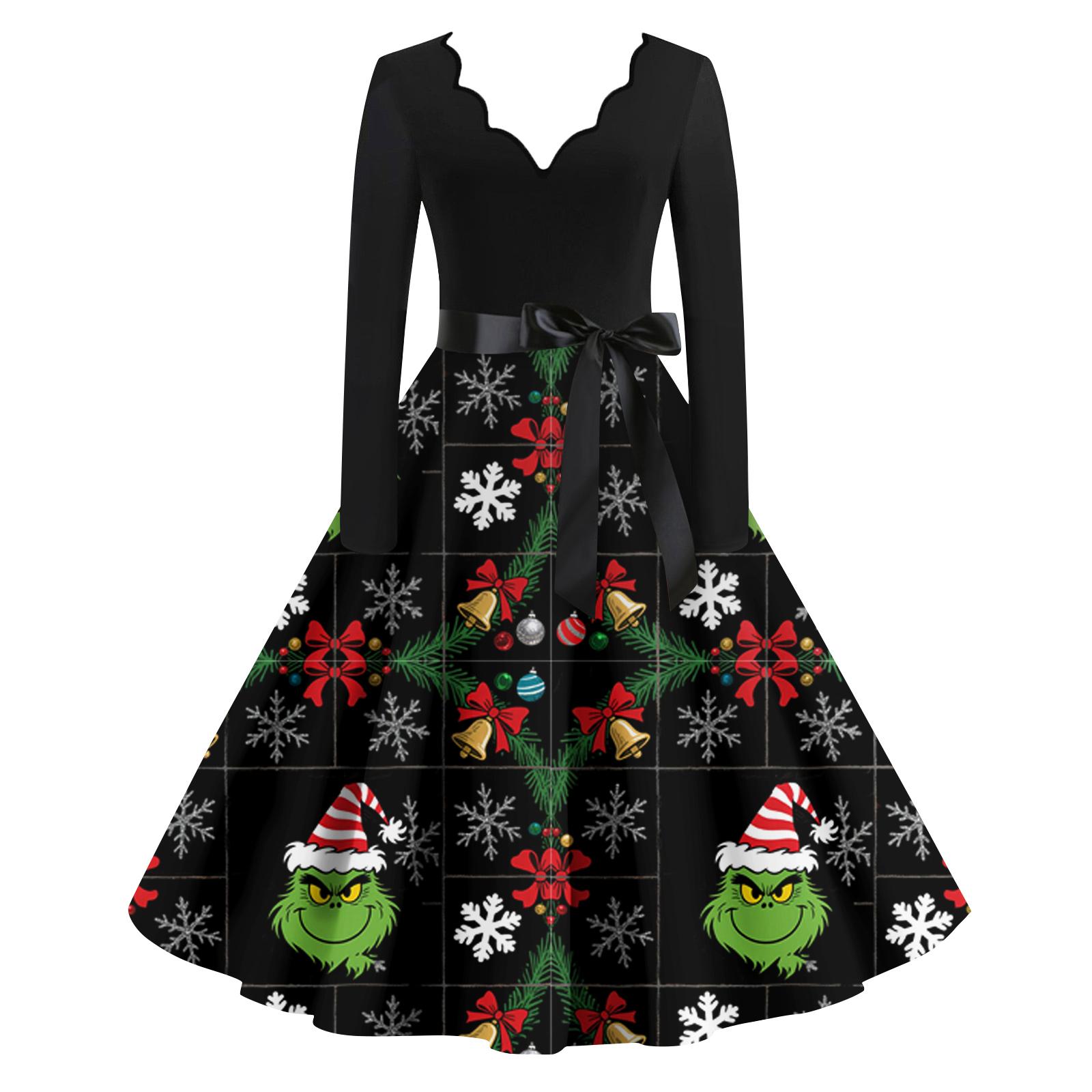 

Ladies Fashionable Retro Long Sleeved Square Neck Christmas Printed Evening Dress Dress L