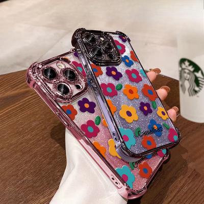 Colorful Flowers Suitable for Apple 16pro Mobile Phone Case 15 Electroplated Four Corner Airbag 14 Transparent Silicone 13 Anti-fall 7/8