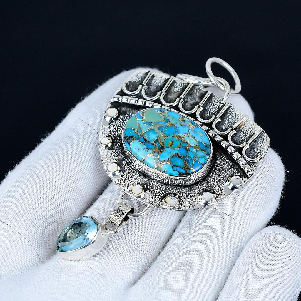 Blauer Stacheliger Türkis Anhänger, 925 Sterlingsilber Handgefertigter Schmuck, Blautopas Silberanhänger, Partyschmuck für Damen, Anhänger zum Verschenken